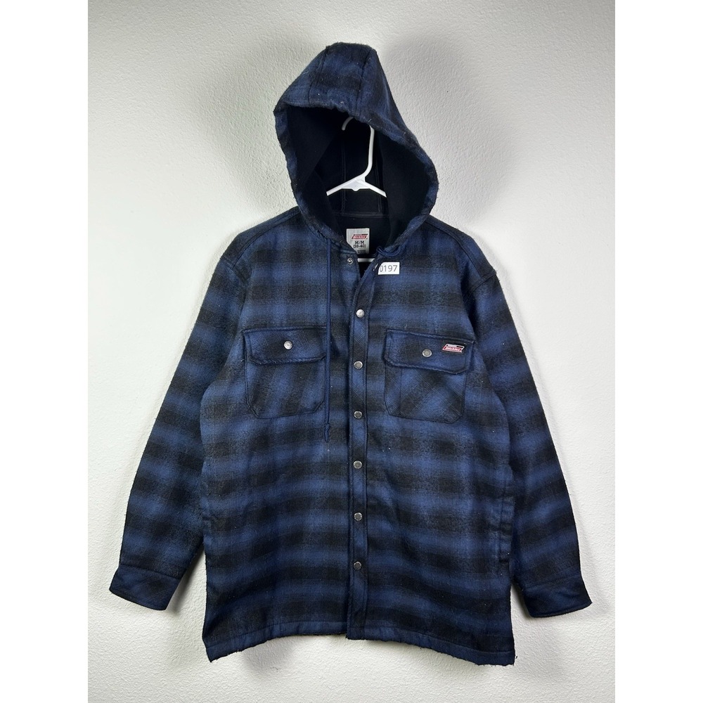 Dickies Jacket Mens Blue Plaid snap fleeced lined Hooded Coat‎ Sz M